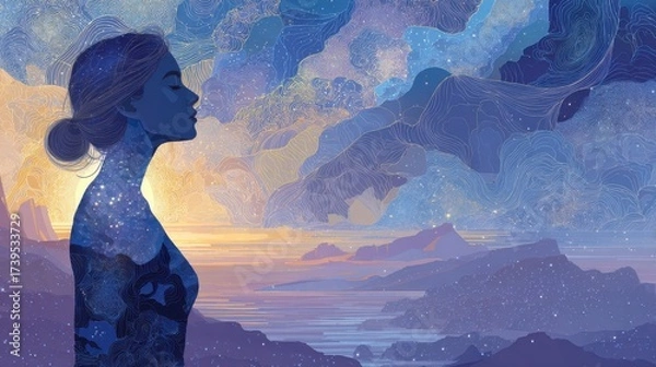 Fototapeta Consciousness Expansion Map: Profile silhouette filled with cosmic neural pathways and peaceful scenery layers  
