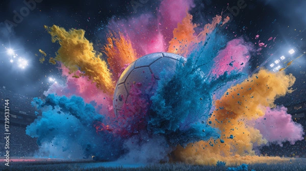 Obraz Soccer ball bursts into vibrant colors during a night match explosion