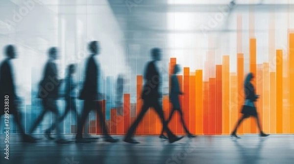 Fototapeta Market Pressure Corridor: Workers moving through corridor overlaid with rising cost bars and declining wage power visualizations  
