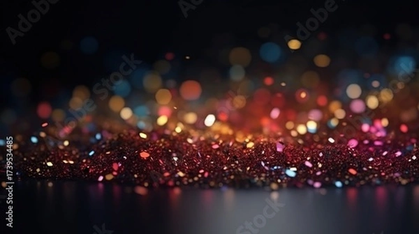 Fototapeta Sparkling Glittering Particles Illuminated with Vibrant Bokeh Lights on a Dark Reflective Surface