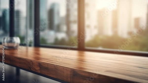 Fototapeta Sunlight Streaming Across Polished Wooden Countertop with Blurred Cityscape View