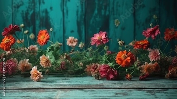 Fototapeta Vibrant Assortment of Red and Orange Zinnia Flowers Resting on Weathered Turquoise Wooden Surface Against a Teal Backdrop