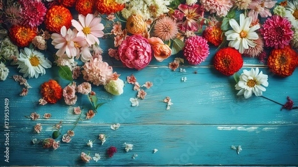 Fototapeta Vibrant Assortment of Summer and Autumn Flowers Resting on a Weathered Teal Wooden Surface
