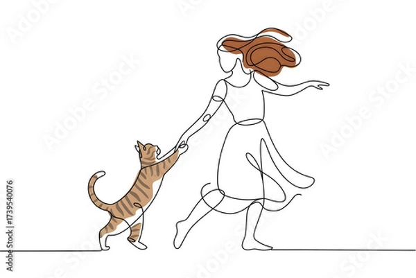 Fototapeta Line art of  Joyful One Line Art Woman and Striped Cat Dancing, Symbolizing Companionship and Freedom with Warm Accents