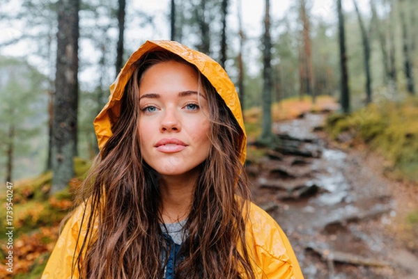 Fototapeta Young girl wearing a yellow raincoat with the hood up walking along a forest path with copy space