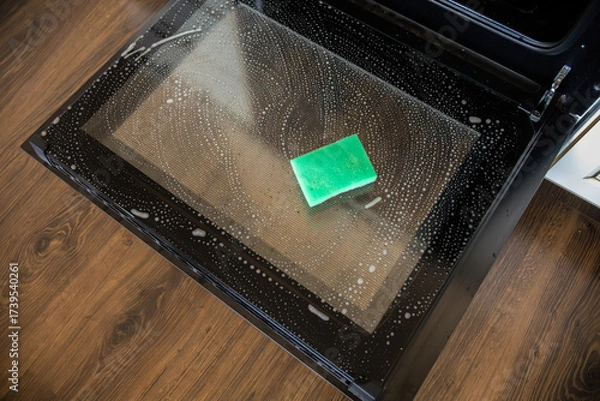 Obraz Oven door is lowered down and washed. Sponge for washing lies on its surface