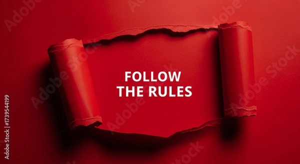 Fototapeta Red torn paper revealing text follow the rules message