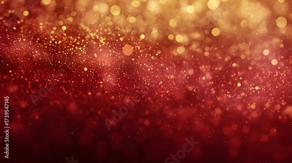 Fototapeta Golden festive bokeh lights glowing on red background, warm sparkling holiday design with glitter effect
