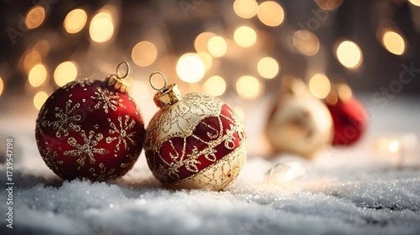 Fototapeta Christmas ornaments in snow with golden bokeh lights
