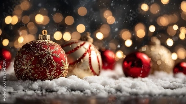Fototapeta Christmas ornaments in snow with golden bokeh lights
