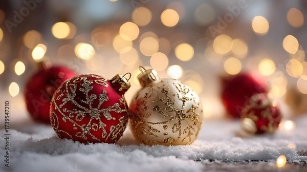 Fototapeta Christmas ornaments in snow with golden bokeh lights
