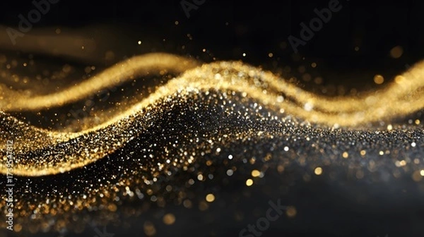 Fototapeta Golden abstract wave of glowing particles on black background
