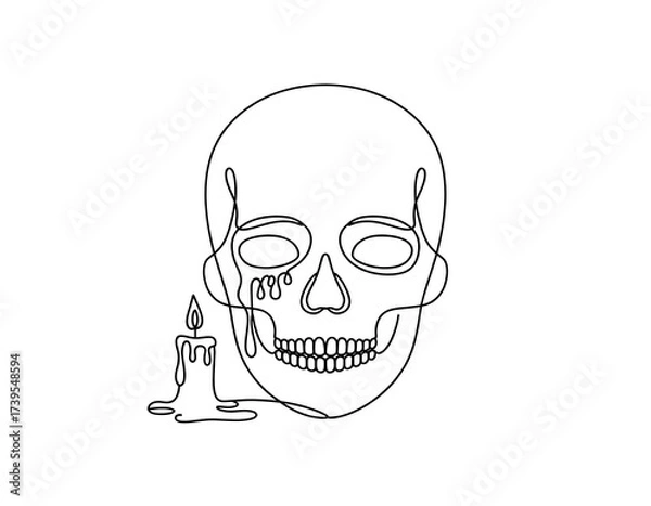 Fototapeta Single Line Art Skull and Melting Candle Intertwined, Abstract Illustration of Mortality and Ephemeral Light