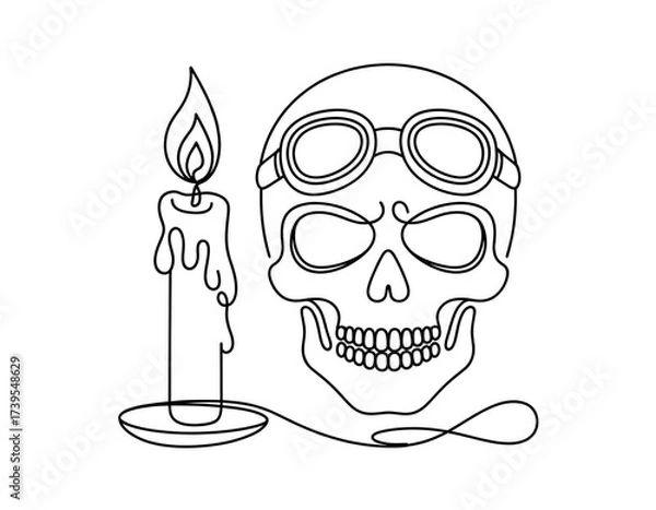 Fototapeta Stylish One Line Art Skull Wearing Aviator Goggles with a Lit, Melting Candle - Mortality  Steampunk Concept