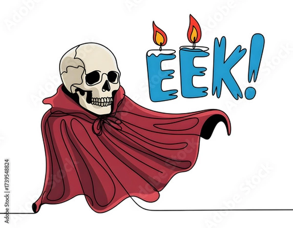 Fototapeta Whimsical Skull in Red Cloak with 'EEK!' Candles Continuous Line Art Halloween Illustration