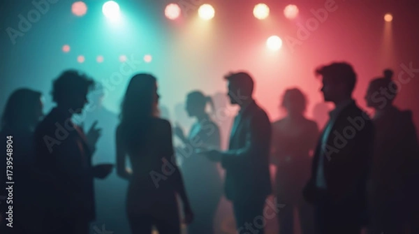 Fototapeta Abstract shot of club life, showing blurred silhouettes of club-goers immersed in dancing and socializing under multicolored disco lighting