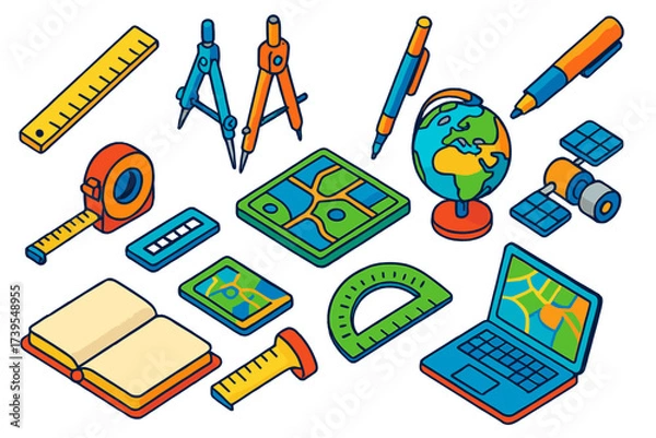 Fototapeta Cartography Tools Icons. Isometric vector illustration set Cartography Tools: ruler, divider, compass drawing tool, drafting pen,