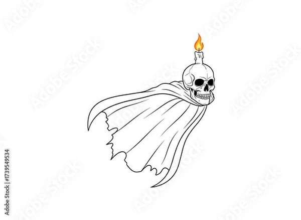 Fototapeta Ethereal Skull with Burning Candle and Dramatic Flowing Cloak Outline Art