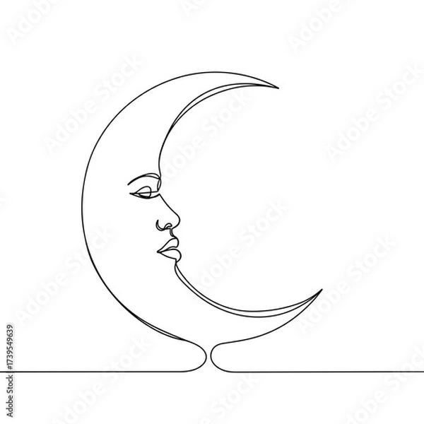 Fototapeta Abstract line art of a crescent moon with a face profile  