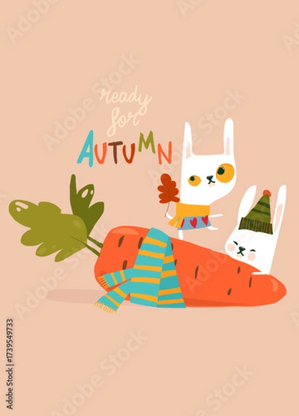 Fototapeta Cute Bunnies standing on Big Carrot