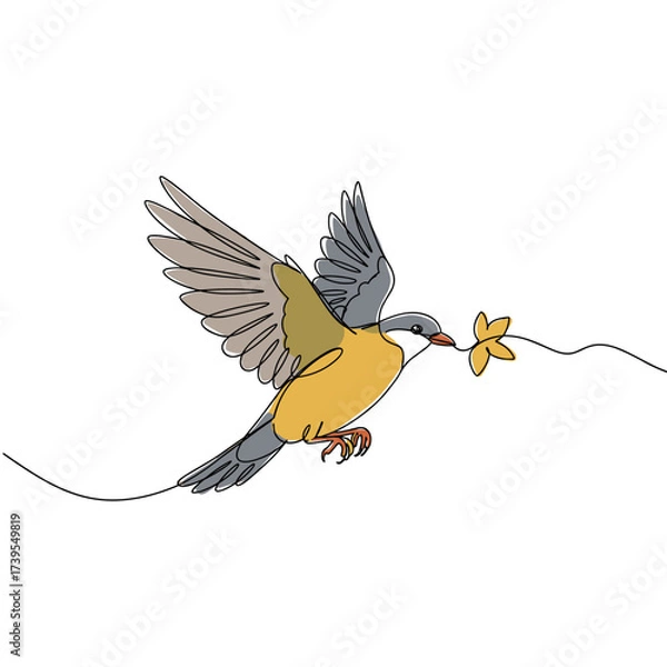 Fototapeta Bird flying with flower in its beak on white background  