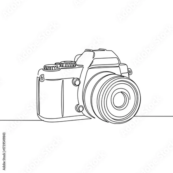 Fototapeta Outline drawing of a camera in minimalist style on white background  