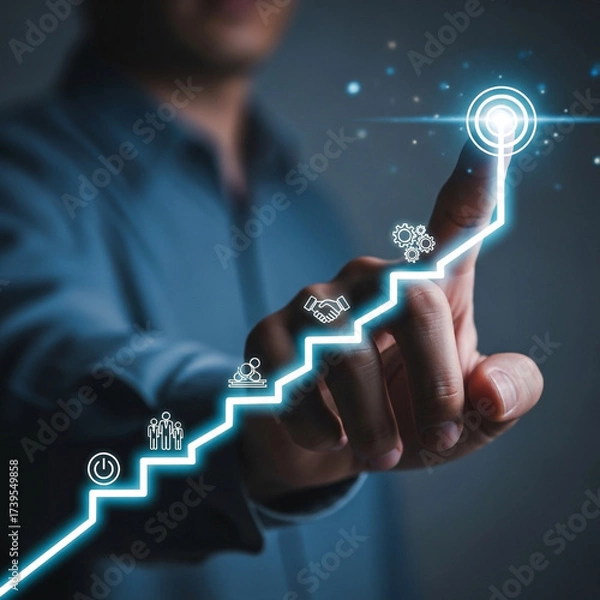 Fototapeta Businessman touching a glowing upward trend line with icons representing business growth
