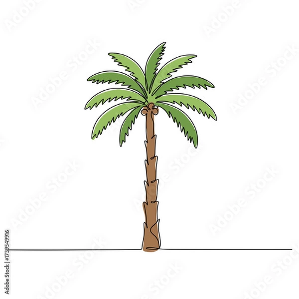 Fototapeta Cartoon palm tree with green leaves and brown trunk on white background  