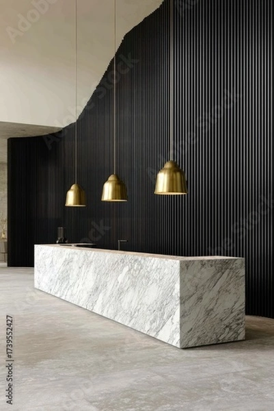 Obraz Modern lobby featuring a marble reception desk, black wall, and three hanging brass lights