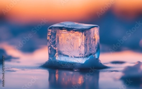 Obraz A single melting ice cube reflects warm sunset hues, creating a mesmerizing contrast between cold and warm elements in a serene setting