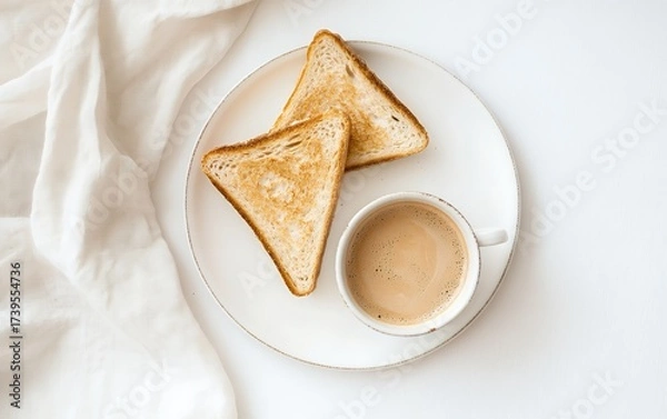 Obraz Two slices of golden toast and a cup of creamy coffee on a white plate, set against a light background with a soft white cloth
