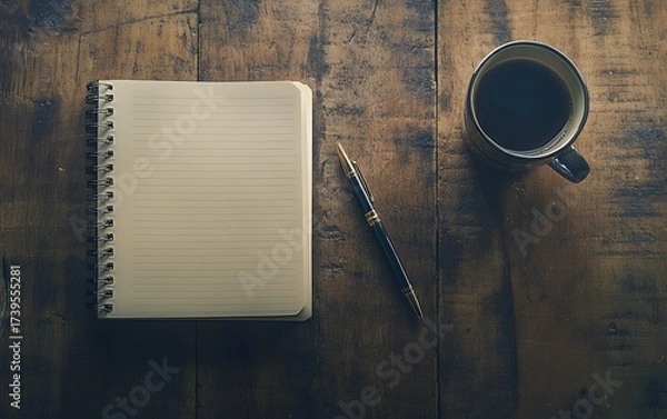 Obraz Spiral notebook, elegant pen, and coffee mug on weathered wooden table, representing a writer's workspace with vintage charm
