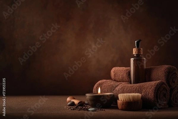 Obraz Spa scene with rolled towels, oil dispenser, lit candle, brush, & stones against a brown background