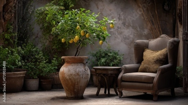 Fototapeta A rustic, yet elegant scene featuring an old armchair and large terracotta pot with lemon tree in the courtyard of house. the setting is warm and inviting, perfect for relaxing or reading a book.