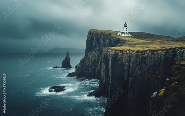 Obraz A majestic lighthouse perched on rugged cliffs overlooking a turbulent sea, with dramatic stormy skies creating an atmospheric and moody coastal scene