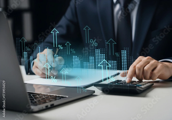 Obraz Real estate financial planning for business growth and efficiency, Laptop and calculator with digital charts and rising arrows