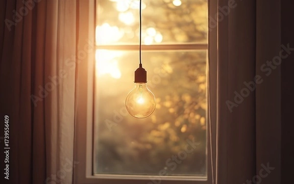 Obraz A glowing lightbulb hangs in front of a window with soft curtains, backlit by a warm sunset, creating a cozy and inspirational atmosphere
