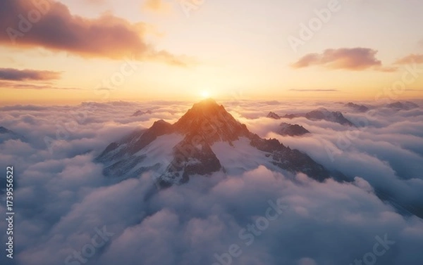 Obraz A snow-capped mountain peak pierces through a sea of clouds, bathed in the warm glow of sunset, creating a breathtaking panorama of natural beauty and serenity