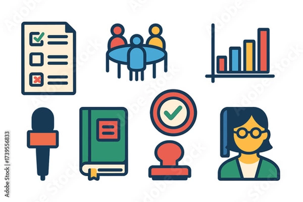 Fototapeta Educational Research Icons. Flat vector icons of educational research: survey form, lecture hall, focus group, data chart,