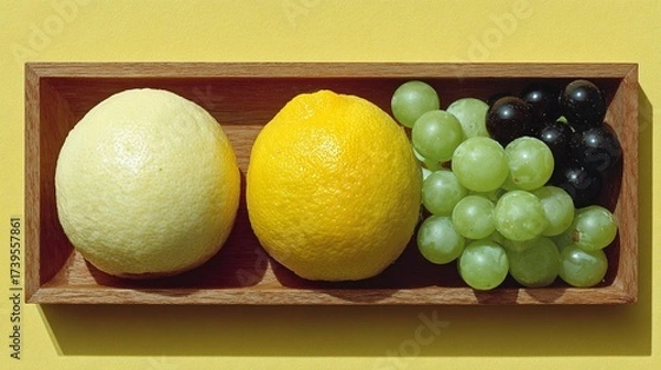 Obraz Fresh lemon, grapefruit, green and black grapes arranged in wooden tray on yellow background - minimal still life, healthy snack display, summer fruit composition