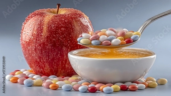 Obraz Fresh Red Apple with Dew Drops, Spoonful of Multicolored Dragees, and Honey Bowl - Vibrant Healthy Snack Close-Up