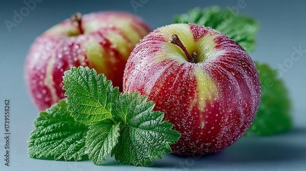 Obraz Vibrant Red and Yellow Striped Apples with Dew Drops and Fresh Green Mint Leaves, Close-Up for Healthy Lifestyle Content and Culinary Presentations