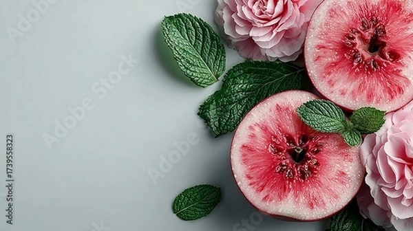 Obraz Fresh Sliced Blood Oranges with Pink Peonies and Mint Leaves on Light Gray Background, Flat Lay with Copy Space for Summer Wellness, Food Styling and Natural Design Projects