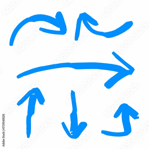 Fototapeta Hand drawn blue arrows pointing in different directions on white background