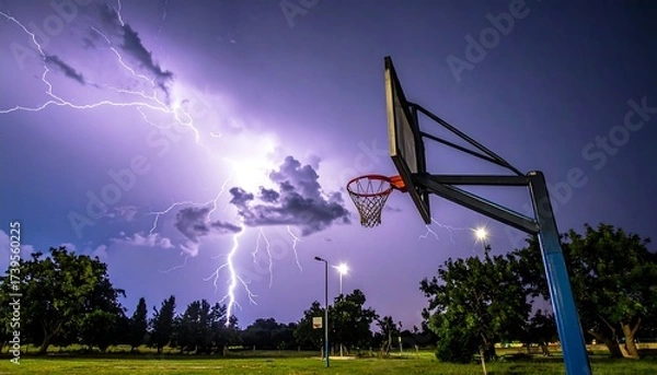 Obraz A nighttime view of a basketball hoop under a dramatic sky with lightning bolts. Trees and lights dot the foreground