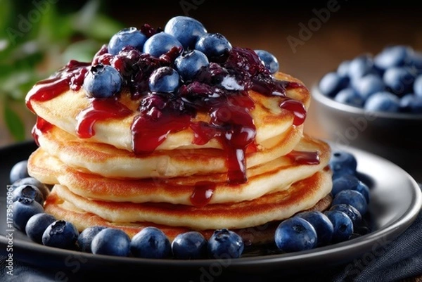 Fototapeta Stack of fluffy pancakes topped with fresh blueberries and berry sauce on a dark table