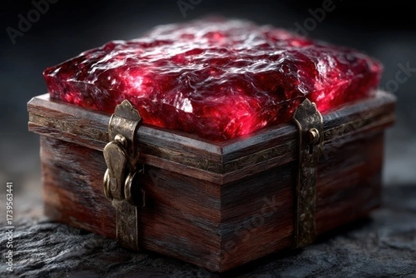 Fototapeta Ancient treasure chest with glowing crimson stone atop in a dark cave setting