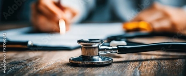 Obraz A stethoscope rests on a wood desk, with a doctor writing on a document in the background