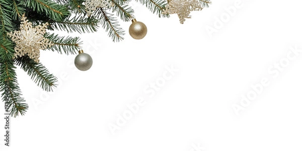 Fototapeta Golden balls and snowflakes on the Christmas tree in the corner isolated on transparent or white background, png