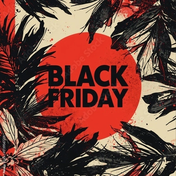 Obraz Dynamic Black Red Bold Minimal Background for Black Friday Holiday Advertising Graphics with Nature-Inspired Abstracts